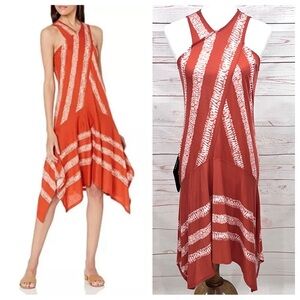 NWT Bcbg Maxazria Coral Tie Dye Striped Cross Neck Halter Asymmetrical Hem Dress